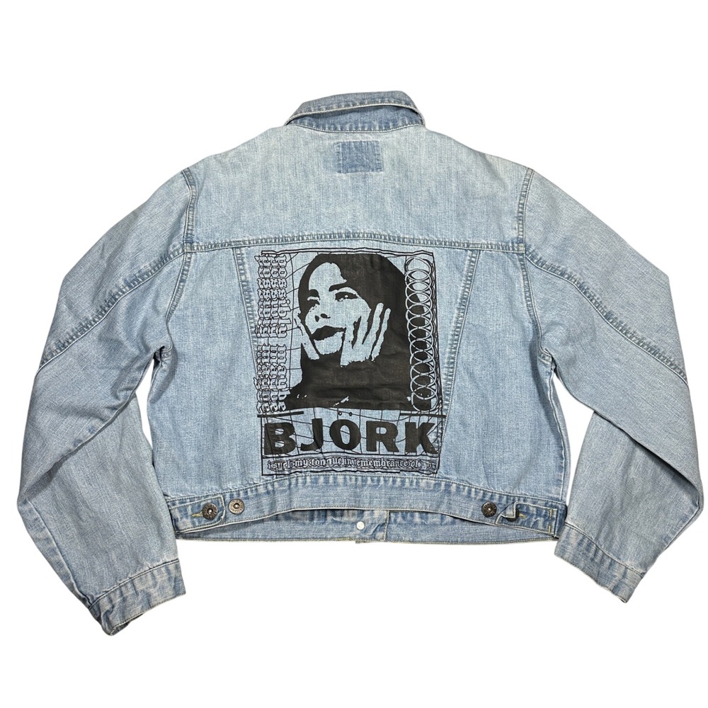 Björk Custom Vintage Denim Jacket Light Wash Cropped Womens XL Highway Sport